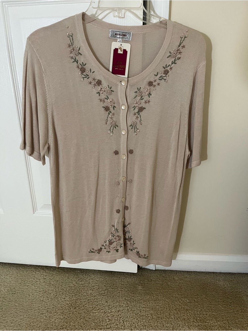 Women's Embroidered Short-Sleeve Cardigan - Beige